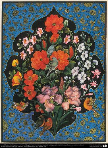 Arte Islámico-Tazhib persa estilo “Gol-o Morgh” -Flor y ave- 34 ...
