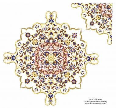 هنر اسلامی - تذهیب فارسی سبک ترنج و شمس - تزئینات از طریق نقاشی و یا مینیاتور
