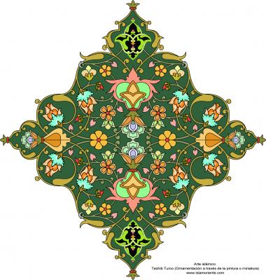 イスラム美術（ペルシアのトランジとシャムス（太陽）スタイルのタズヒーブ（Tazhib）、 絵画やミニチュアでの装飾）