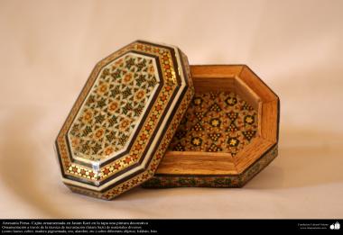 Box ornate Persian handicrafts in Khatam Kari at the top a decorative painting.