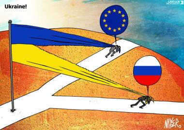 کارٹون - روس اور یورپ کی لڑائی یوکرائن ملک کی ملکیت پر