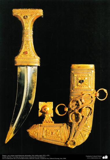 Weapons and decorated enamelware - Exquisitely decorated daggers and sheaths, Saudi Island, nineteenth or twentieth century.