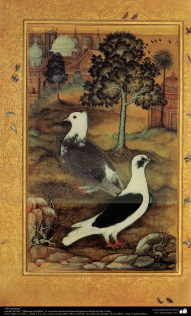 هنر اسلامی - شاهکار مینیاتور فارسی - دو کبوتر - کتاب کوچک مرقع گلشن - 1605،1628 