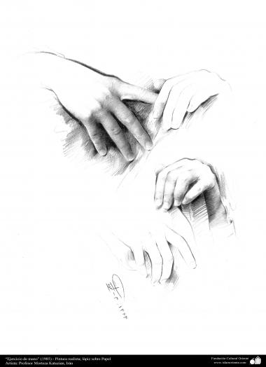 “Exercício de mão” (1985) - Pintura realista; lápis sobre Papel - Artista: Professor Morteza Katuzian, Irã  