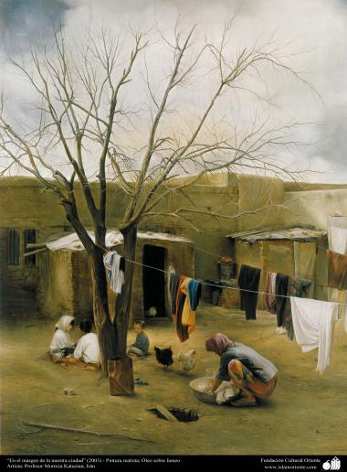 هنراسلامی - نقاشی - رنگ روغن روی بوم - اثر استاد مرتضی کاتوزیان - &quot;در حاشیه روستای ما&quot; (2003)