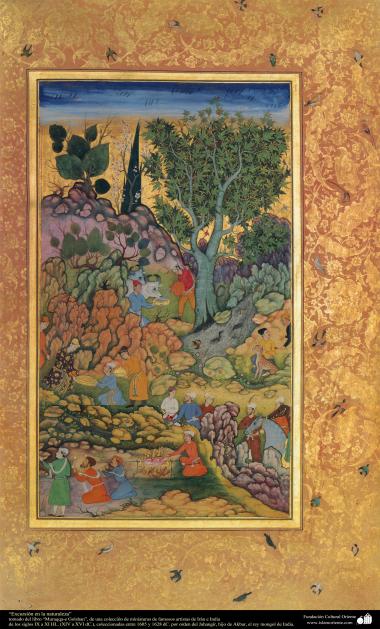 Excursão na natureza retirado do livro Muraqqa-e Golshan coleção de miniaturas de famosos artistas do Irã e Índia dos séculos IX a XI Colecionadas entre 1605 e 1628 d.C
