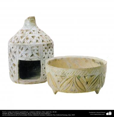 Cerâmica Islâmica - Lamparina e vaso com temas geométricos, feitos no Irã, no século X e XI d.C
