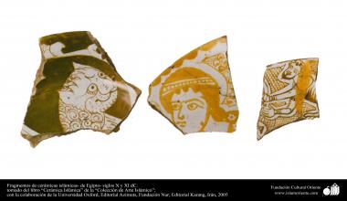 Art islamique - la poterie et la céramique islamiques -Pièces des poteries antiques avec des images de l&#039;homme et des léopards - Egypte X et  XI AD.