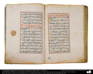 イスラム美術 - ペルシアのタズヒーブ（Tazhib)、書道（アフリカの北で作られた古いバージョンのコーラン） （17世紀後半）