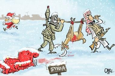 Ataques de terroristas a Papa Noel en Siria (caricatura)