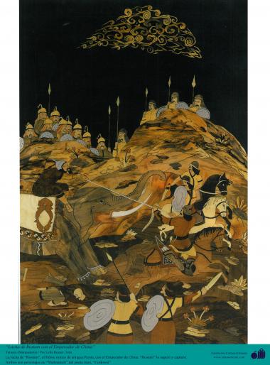 Luta de Rostam com o Imperador da China - Figura mística da antiga Persia e personagem do épico Shahnameh - Marchetaria Persa