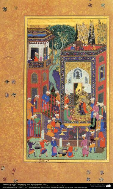 Arte islamica-Capolavoro di miniatura persiana,&quot;Banchetto nel tribunale&quot;,artista Reza,discepolo di Shah Salim