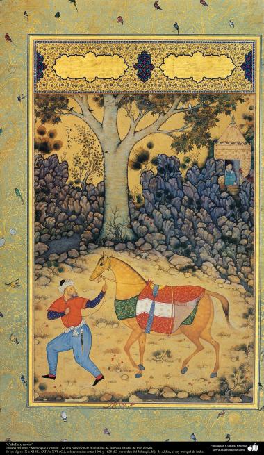 Arte islamica-Capolavoro di miniatura persiana,&quot;Sposo e cavallo&quot;,Libro di Muraqqa-e Golscian,1628 e 1605-2