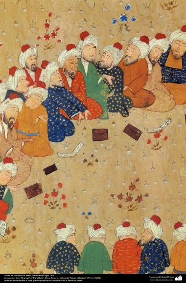 Miniatures of the Book “Panj Ganj” - Persian miniature made in the 16th century AD. Book &quot;Khamse&quot; or &quot;Panj Ganj&quot; Five Tesoro - The poet &quot;Nezami Ganjavi&quot; - 19