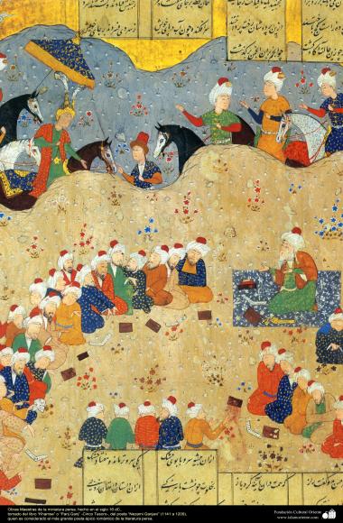 اسلامی فن - بارہویں صدی کے ایرانی مشہور شاعر نظامی گنجوی کی کتاب &quot;خمسہ&quot; سے ایک مینیاتور پینٹنگ (تصویرچہ) - ۲۶