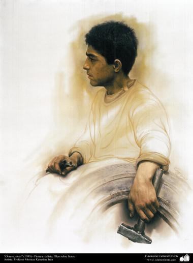 “Junger Arbeiter" (1999) - Realistische Malerei; Öl auf Leinwand - Künstler: Professor Morteza Katuzian, Iran - Islamische Kunst
