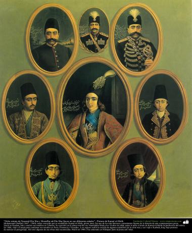 “Oito retratos de Nasered-Din Sha e Mozaffar ed-Din Sha Qayar, em diferentes idades” ; Pintura de Kamal ol-Molk
