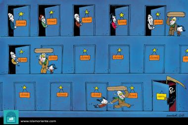کارٹون - جنگ سے بھاگ کر یورپ جانے والے موت کے شکار 