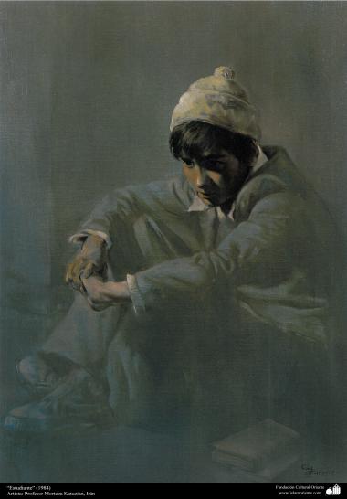 هنراسلامی - نقاشی - رنگ روغن روی بوم - اثر استاد مرتضی کاتوزیان - دانش اموز - (1984)