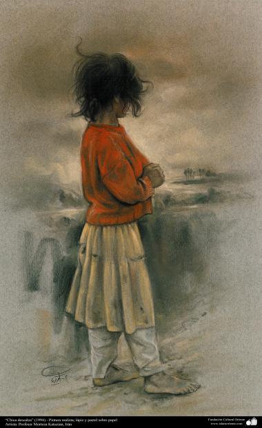 هنراسلامی - نقاشی - رنگ روغن روی بوم - اثر استاد مرتضی کاتوزیان - &quot;دختر پابرهنه &quot; - (1994)