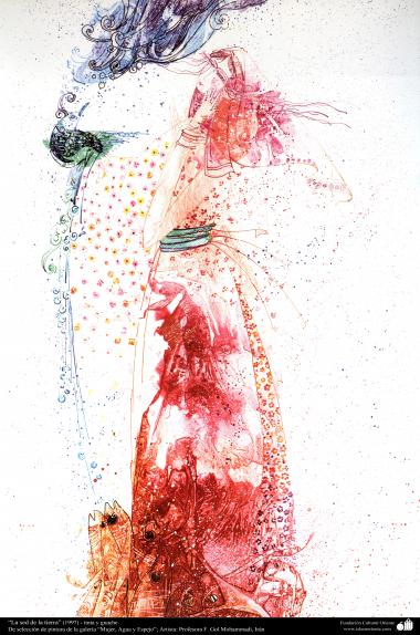 イスラム美術-絵画、インク・ガッシュ（Golmohammadi氏の「女性、水と鏡ギャラリ」からの絵画）、「渇きのランド」という作品 - 1997年