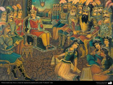 Arte islamica-Pittura tradizionale-Pittura muresca con acquerello sul gesso-Ispirata allo stile Caffè-&quot;Il re e i ministeri in una festa&quot;-19