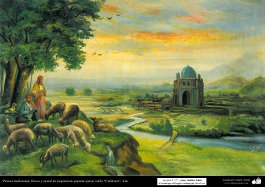 Исламское искусство - Традиционная живопись , настенная живопись , рисование акварелью на гипсе - Стиль кафе - Пастухи и бараны - 27