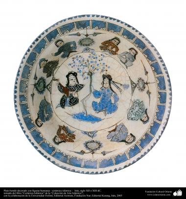 الفن الاسلامی - صناعة الفخار و السيراميك الاسلامیة - طبق مزينة مع صورة الانسان - إيران، القرن الثاني عشر والثالث عشر ميلادي