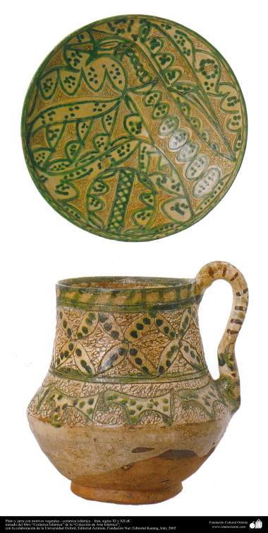 Plato y jarra con motivos vegetales - cerámica islámica – Irán, siglos XI y XII dC.