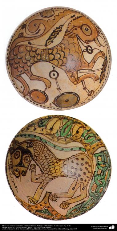 Arte islamica-Gli oggetti in terracotta e la ceramica allo stile islamico-Il piatto in terracotta con la figura di un ghepardo di Mazandaran e gli attrezzi di caccia-Neishabur-X o XI secolo d.C    
