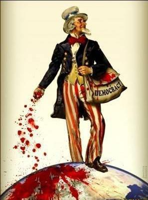 Uncle Sam sowing death and destruction around the world (caricature)
