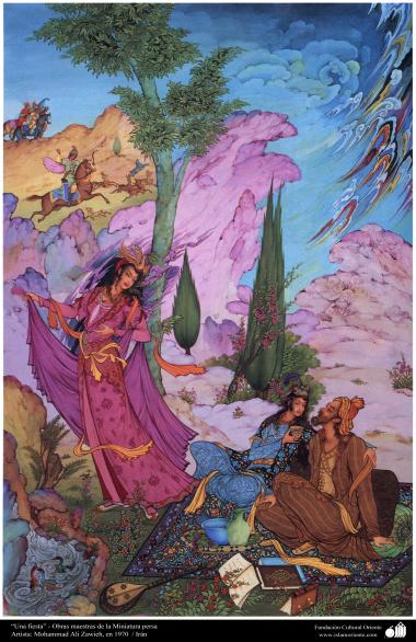 Arte islamica-Capolavoro di miniatura persiana-&quot;Festa&quot;-Opera di Muhammad Ali Zavie-1970