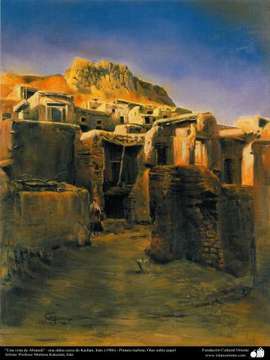 “Ein Aussicht auf Abianeh” – Ein Dorf in der Nähe von Kaschan, Iran, (1986) - Realistische Malerei; Öl auf Papier - Künstler: Professor Morteza Katuzian, Iran - Islamische Kunst 
