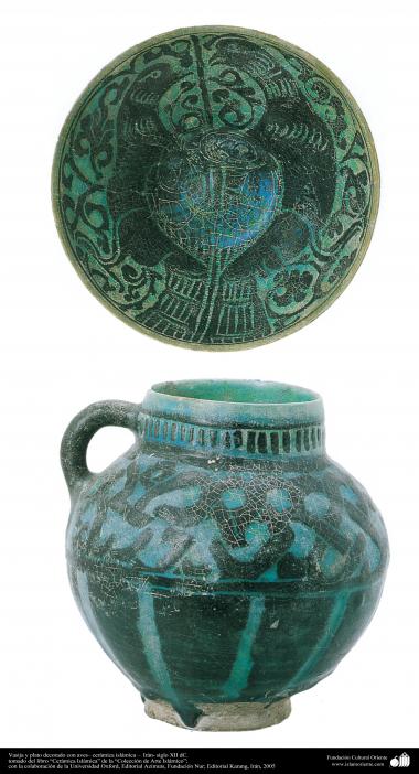 Vasija y plato decorado con aves– cerámica islámica –  Irán- siglo XII dC.